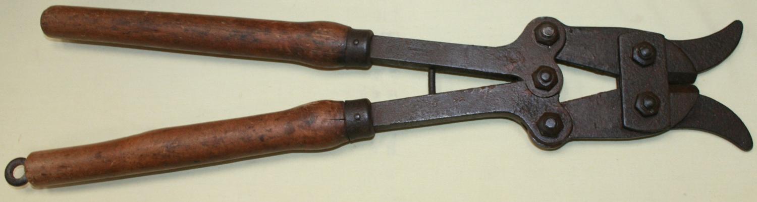 A PAIR OF BRITISH WOOD HANDLED LONG WIRE CUTTERS