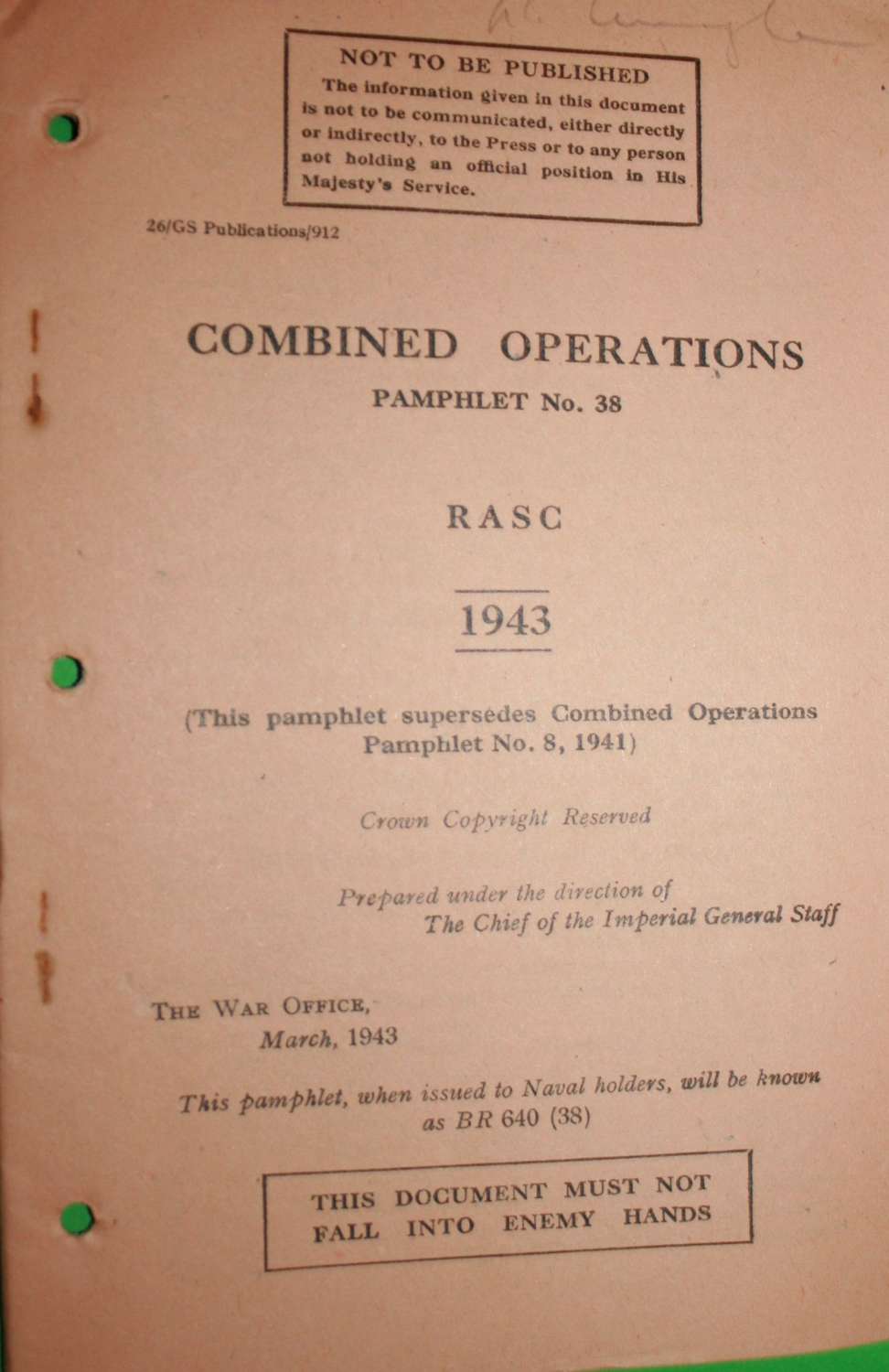 COMBINED OPERATIONS PAMPHLET NO 38 RASC 1943
