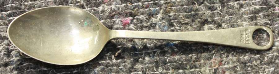 A WWII PERIOD NAAFI TEA SPOON CLASIC EXAMPLE WITH A HOLE IN THE HANDLE