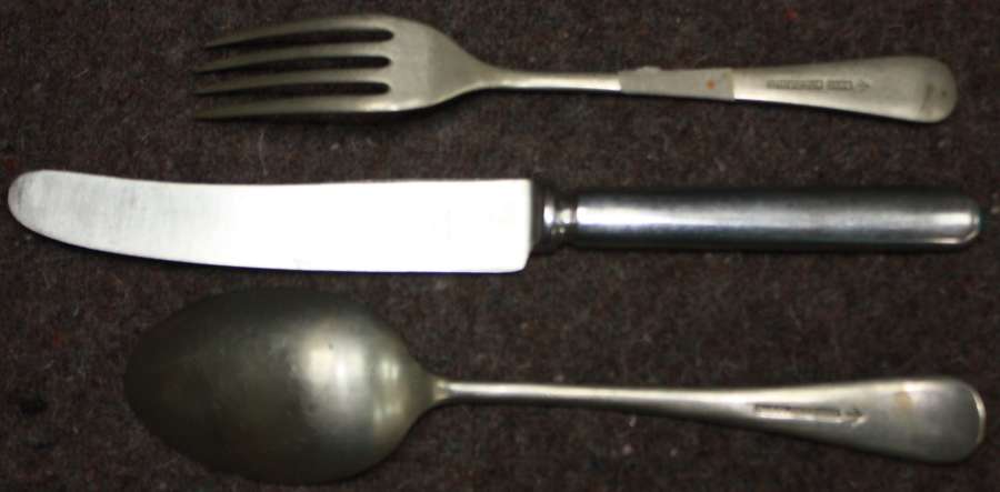 A WWII KNIFE , FORK AND SPOON SET ( KNIFE IS A POST WWII EXAMPLE )