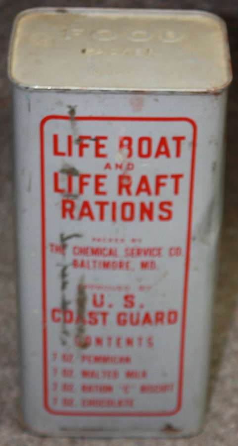 A UNOPENED 1945 DATED US COST GUARD LARGE SIZE LIFE RAFT RATION TIN