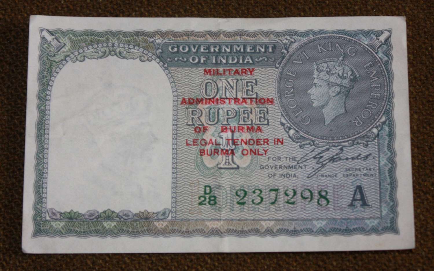 A GOOD WWII BURMA ISSUE BANK NOT INDIAN RUPEE OVER PRINT TYPE 2