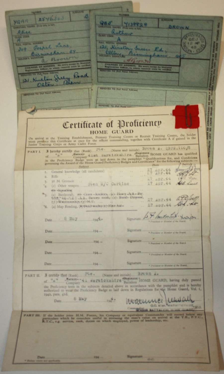 A WWII 41ST WARWICKSHIRE HOME GUARD PROFICIENCY CERT AND BADGE