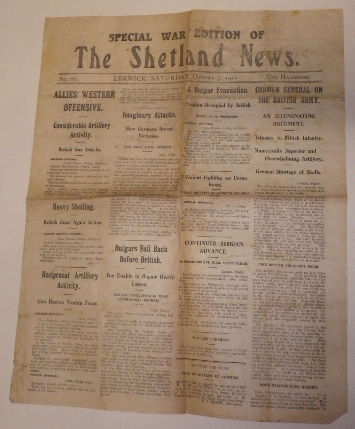 A rare october 7th 1916 Shetland news paper single page double sided