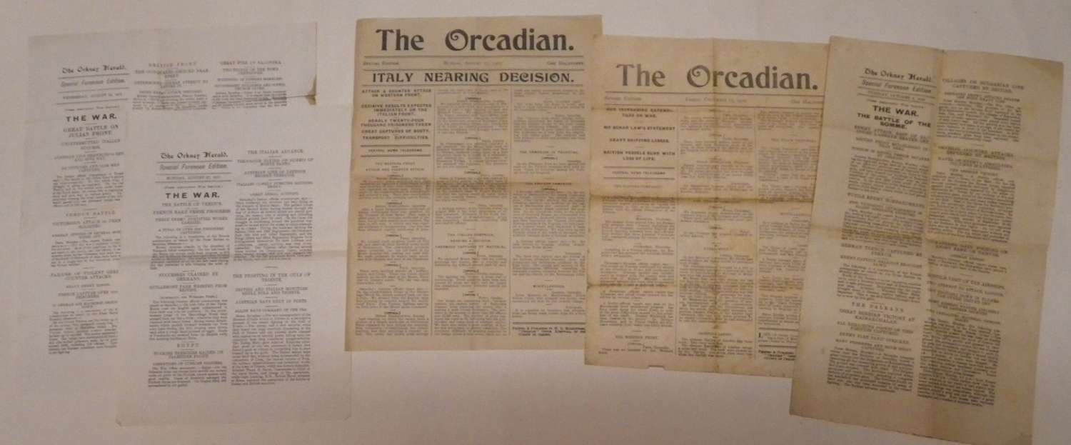 5 different Shetland and Orkney islands news paper sheets